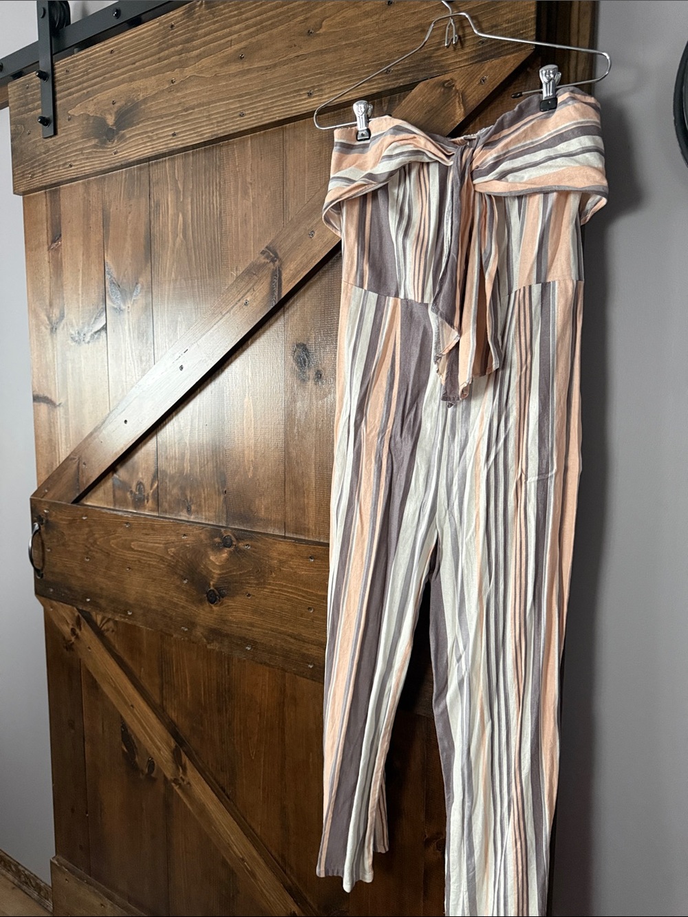Striped Strapless Tie-Front Jumpsuit in Peach, Ivory & Taupe